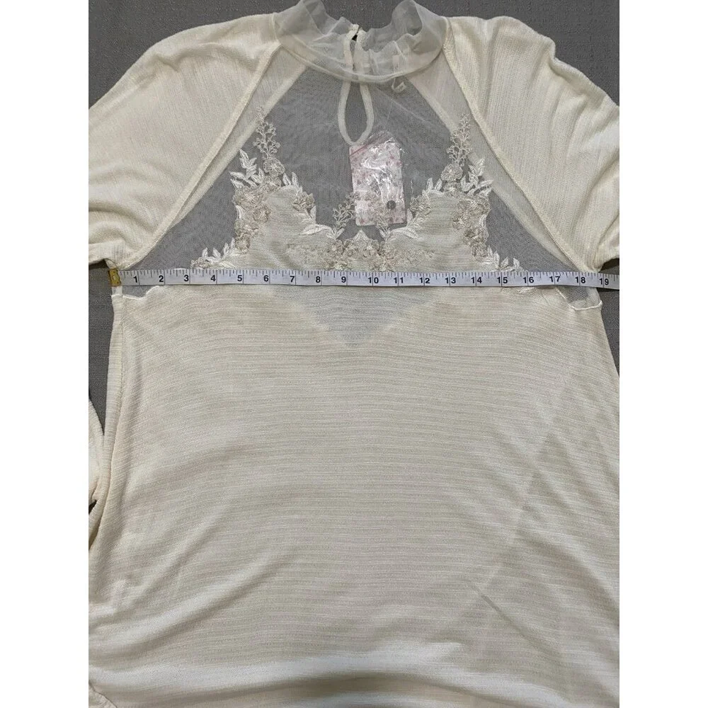 Free People Women's Size Large Ivory Saheli Mesh Embroidered Mock Neck Tunic Top